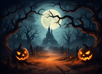 Halloween pumpkin head jack lantern with burning candles, Spooky Forest with a full moon and wooden table, Pumpkins In Graveyard In The Spooky Night - Halloween Backdrop.
