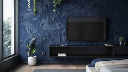 Sophisticated navy blue textured wall design with a floating black LCD rack in a stylish bedroom
