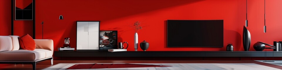 Vibrant red wall with a sleek black LCD rack, modern art pieces, contemporary furniture, and a minimalist rug.