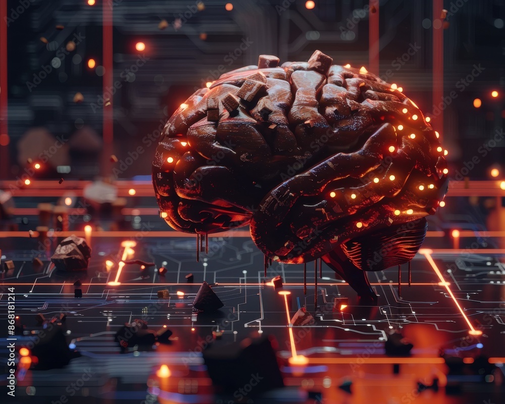Poster futuristic artificial intelligence concept with a glowing brain on a dark digital circuit board.