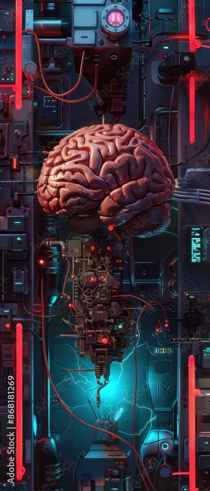 Aufkleber futuristic brain connected to a network of wires and circuits in a cyberpunk setting, conveying adva