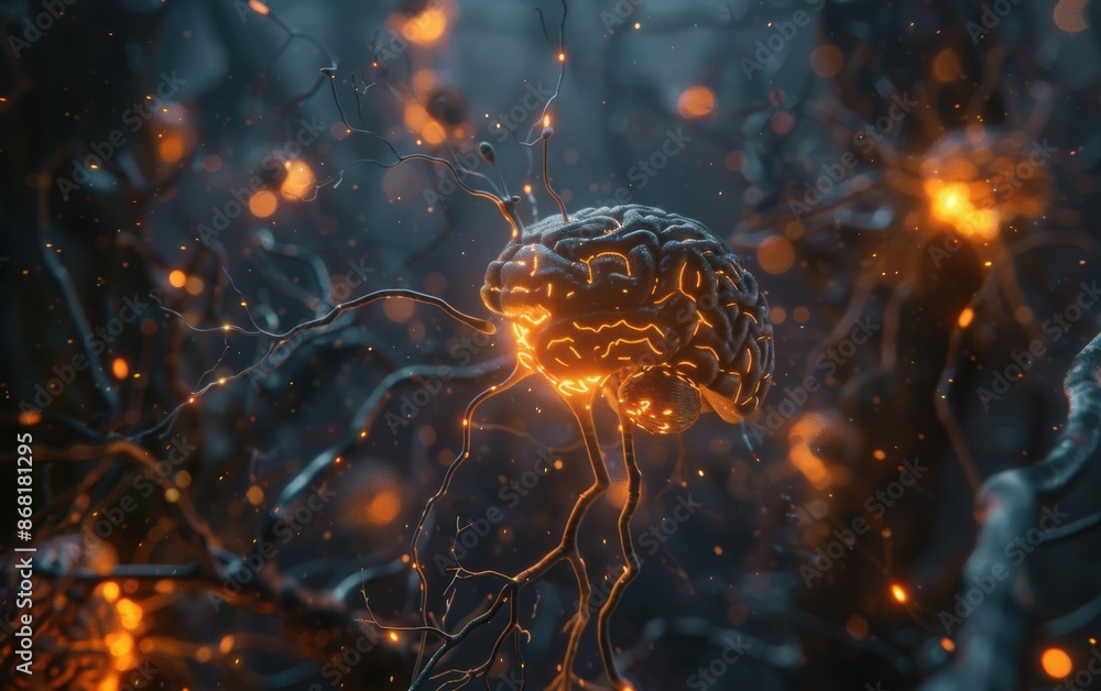 Poster futuristic depiction of a human brain interconnected with glowing networks, symbolizing neural netwo