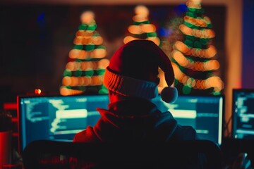 Hacker working on christmas One man, sitting indoors surounded by computers, hacking crime is in motion, rear view