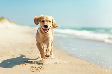Beautiful little happy golden retriever dog having fun on the beach at the sunny day. Blurred sea at the background