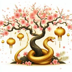 Golden Snake Wrapped Around a Cherry Blossom Tree with Lanterns