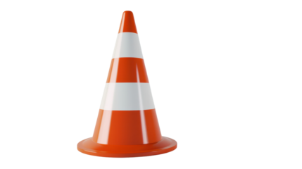 Orange 3d traffic cone with white stripes on transparent background
