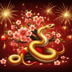 Obraz premium Golden Snake with Cherry Blossoms and Fireworks for Chinese New Year