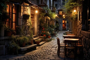 Fototapeta premium Alleyway Ambiance: Photograph a cozy drink in a narrow, cobblestone village alley.