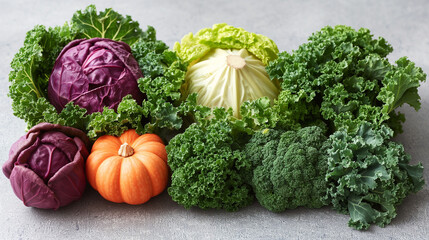 A realistic, high-resolution photograph of various types of vegetables (red cabbage, kale, Hokkaido pumpkin) arranged side by side to show diversity. The vegetables fill the entire frame. Clean and fr