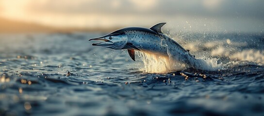 Fototapeta premium A Blue Marlin Leaps Through the Waves at Sunset