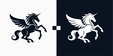 Pegasus horse logo, Pegasus Skyline vector design inspiration, Monochrome Emblem of Running Pegasus isolated on white, Vector image of a silhouette of a mythical creature of Pegasus Illustration