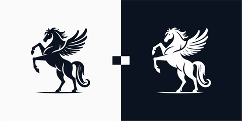 Pegasus horse logo, Pegasus Skyline vector design inspiration, Monochrome Emblem of Running Pegasus isolated on white, Vector image of a silhouette of a mythical creature of Pegasus Illustration