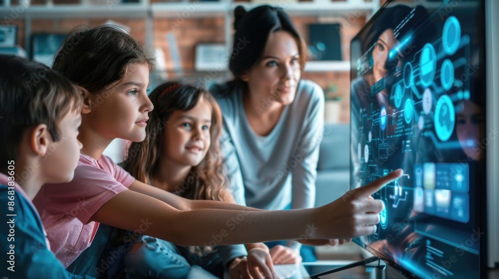 Aufkleber illustration of students and a robot in a classroom with a teacher explaining robotics on a whiteboa