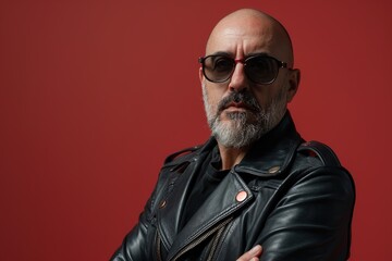Fototapeta premium A man in his early 40s with a bald head and a neatly trimmed beard, wearing a leather jacket and sunglasses, exuding confidence and style against a solid red background.