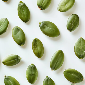 Pumpkin seeds pattern on white background. Flat lay, top view