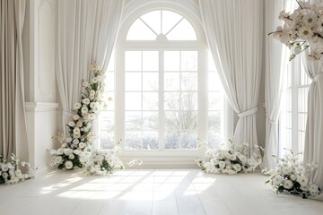 Background wedding with floral and the view outside from windows generative AI	
