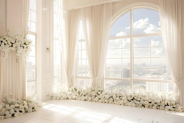 Background wedding with floral and the view outside from windows generative AI	
