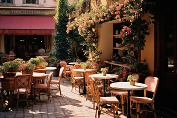 Obraz premium Cafe Terrace: Highlight a coffee or dessert drink on a charming village cafe terrace.