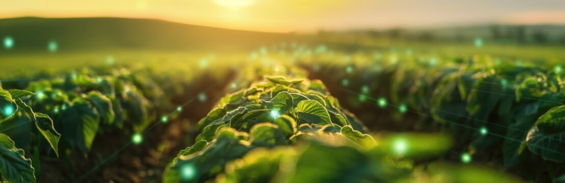 Sunlit smart farming with digital nodes in a lush crop field background. Concept of eco-friendly precision agriculture and innovative agri -tech.