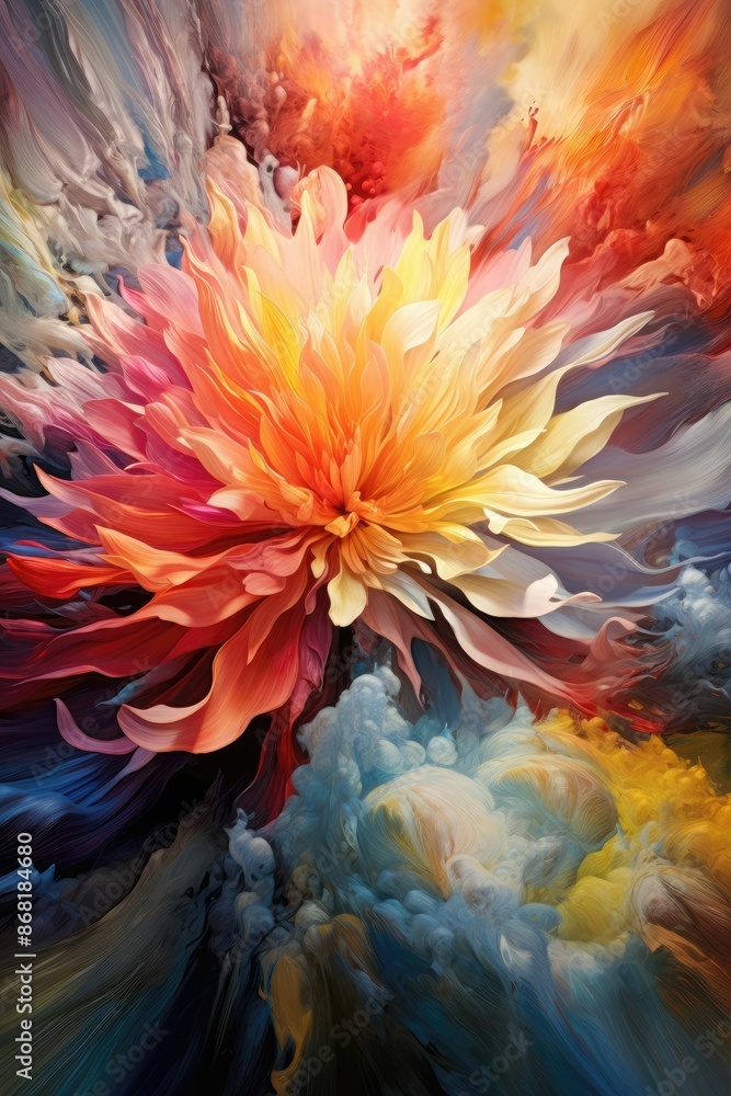 Poster explosive color burst in orange, pink, and blue. vertical image of exploding motion of multicolored 