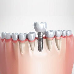 White dental implant. Dental implant. Implants can support a permanent single tooth crown, a multi-tooth bridge or even a full fixed denture. Generative AI