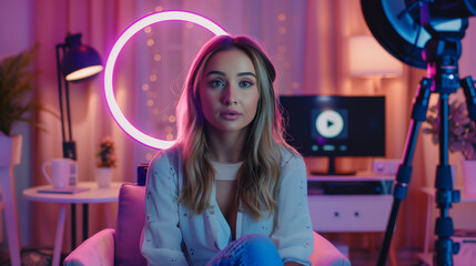 A female social media influencer at home recording new video for followers and subscribers with neon lights and beautiful make-up