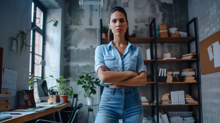 Young female social media marketing agent in a cozy well-organized home office with bright natural lights