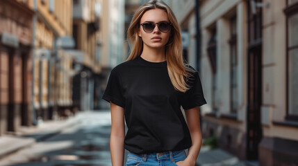 Obraz premium Beautiful Young woman model with blonde hair are wearing blank black tshirt mockup with blurred urban street on background