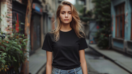 Beautiful Young woman model with blonde hair are wearing blank black tshirt mockup with blurred urban street on background