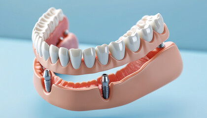 White dental implant. Dental implant. Implants can support a permanent single tooth crown, a multi-tooth bridge or even a full fixed denture. Generative AI