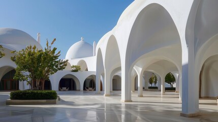 Modern White Architectural Design with Arched Columns and Domes in a Courtyard.