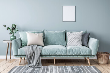 Minimalist living room interiors in turquoise color with minimal furniture, boho decor and natural lighting.Interiors design composition concept image.