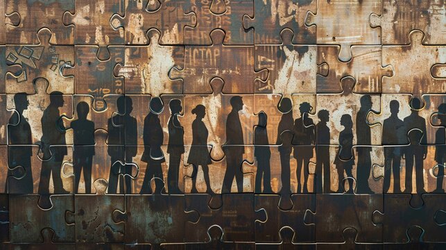 Group of jigsaw puzzle pieces on old rusty metal wall, teamwork concept.