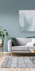 Minimalist living room interiors in turquoise color with minimal furniture, boho decor and natural lighting.Interiors design composition concept image.