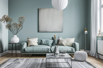 Minimalist living room interiors in turquoise color with minimal furniture, boho decor and natural lighting.Interiors design composition concept image.