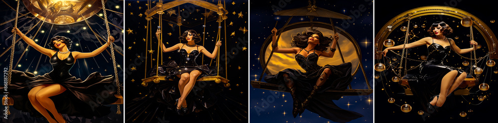 Wall mural 4 photo collages. glamorous pin-up style classic vaudeville with a woman on a tightrope. cinematic b