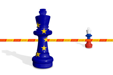 Chess made from EU and Russia flags. EU sanctions and embargo for Russia