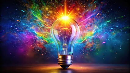 A bright lightbulb surrounded by colorful sparks of imagination, innovation, creativity, inspiration, idea