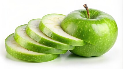 Green apple slices isolated on white background, promoting healthy eating and organic produce, green, apple