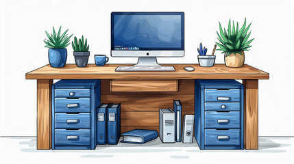 Organized Desk with Computer and Potted Plants