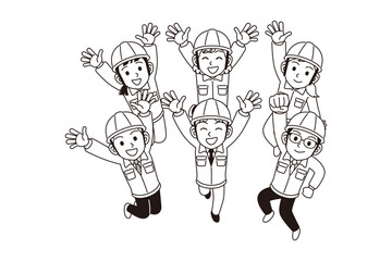 ジャンプしている作業着とヘルメットを着けた人