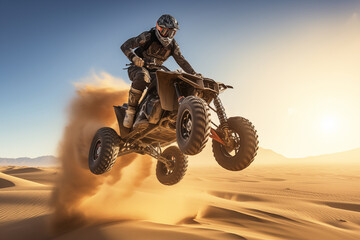 Sportsman jumping atv vehicle in desert sand dune. Generative AI