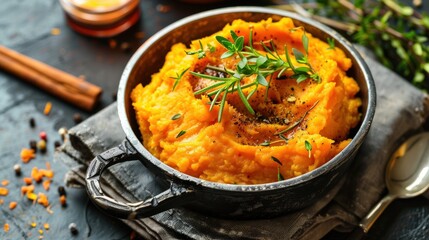 Herb-Infused Mashed Sweet Potatoes in a Saucepan