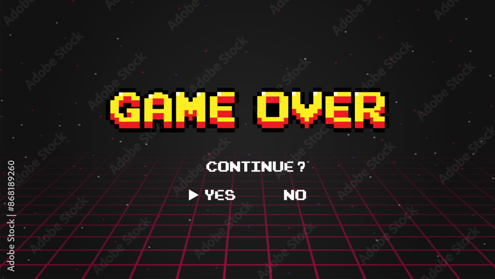 Poster game over continue.pixel art .8 bit game.retro game. for game assets in vector illustrations.retro f