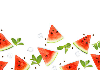 background of watermelon slices, mint leaves and ice on a white isolated background