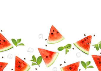 background of watermelon slices, mint leaves and ice on a white isolated background