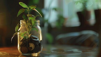 Fototapeta premium Growing plant sprouting from glass jar filled with coins, symbolizing financial growth, savings, investment, and wealth.