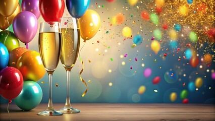 Colorful celebration background with balloons, golden champagne, and confetti, celebration, party, festive, balloons