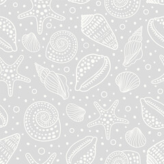 Sea shells and fossils vector seamless pattern. Summer beach hand-drawn doodle seaside print. Ocean fashion textile monochrome black and white colors. Seashore elements design for fabrics, wallpaper