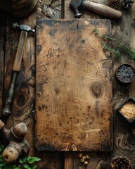 Basic tools for handmade, furniture making, wood projects on wooden background. woodworking,...